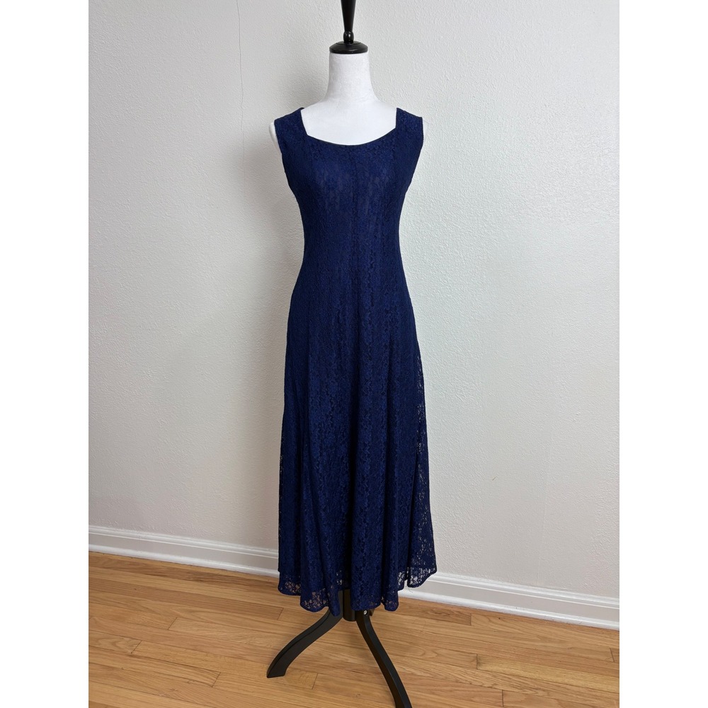 Y2K Vintage Floral Lace Dark Blue Cut Out Back Maxi Dress Size Medium Formal